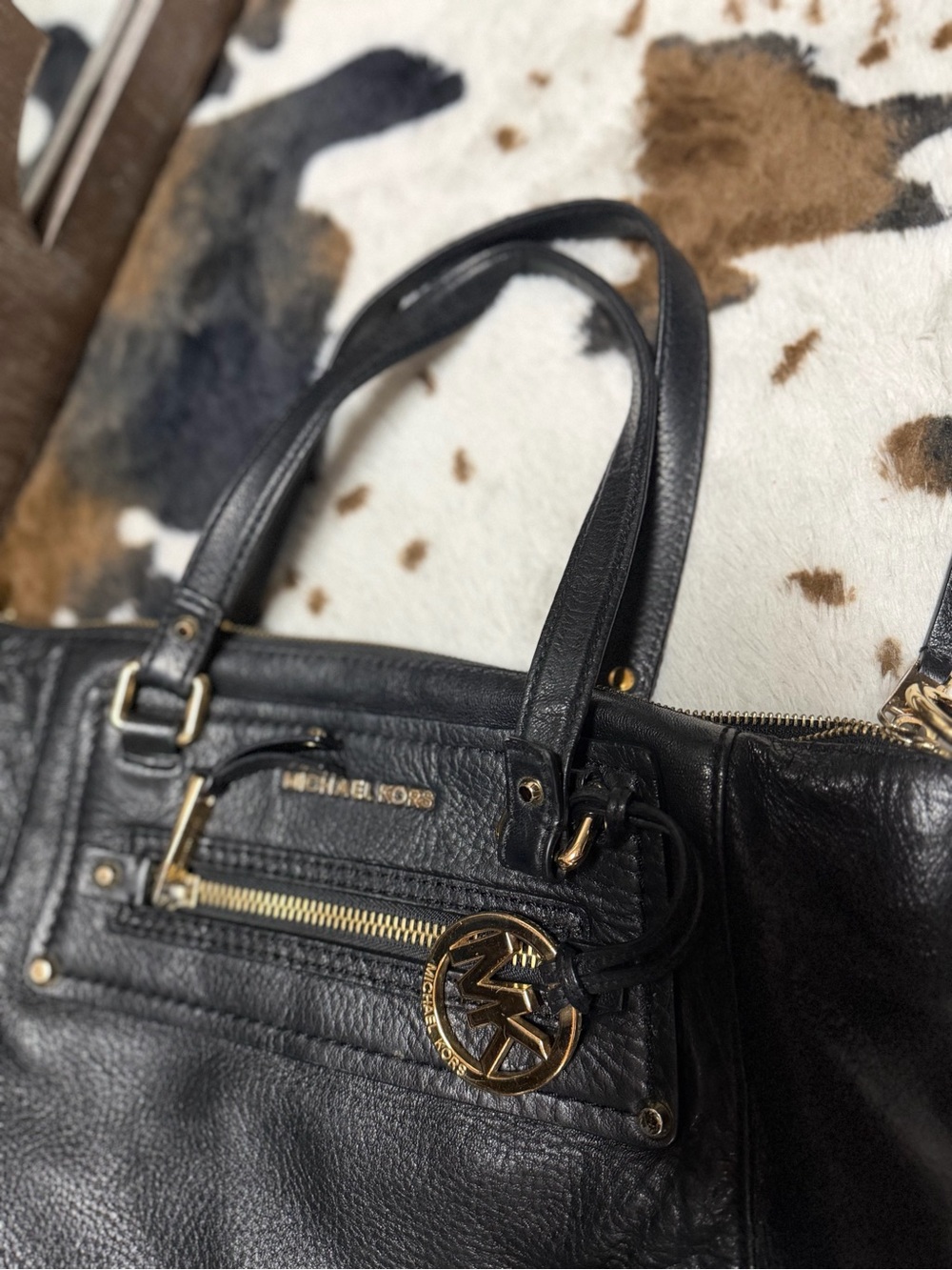 Michael Kors Black Leather Shoulder Bag with Gold Hardware
